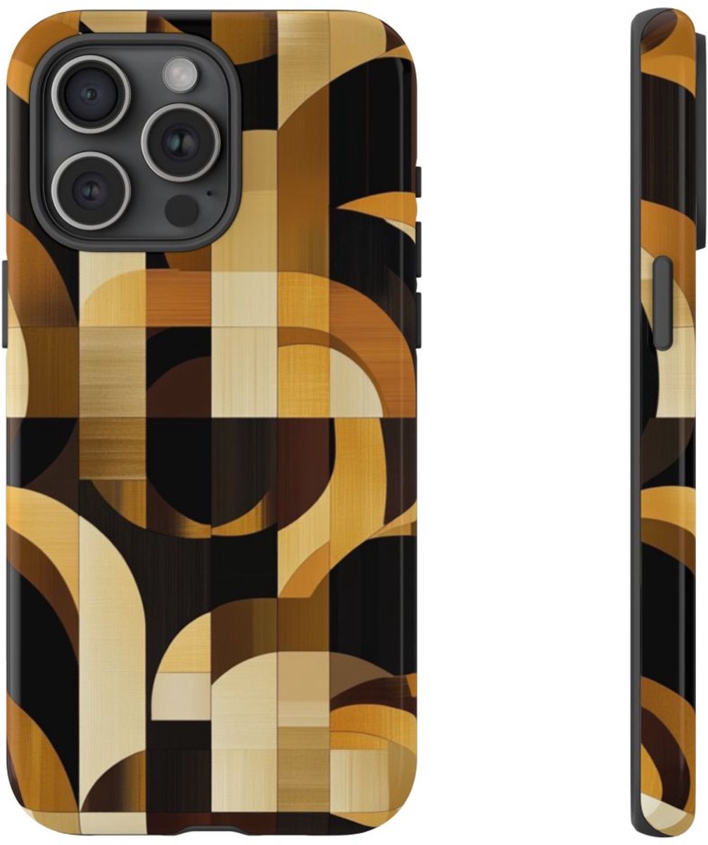 Geometrisch Bruin-Goud Art Deco Patroon – Telefoonhoesje Geschikt voor iPhone 15 Pro Max