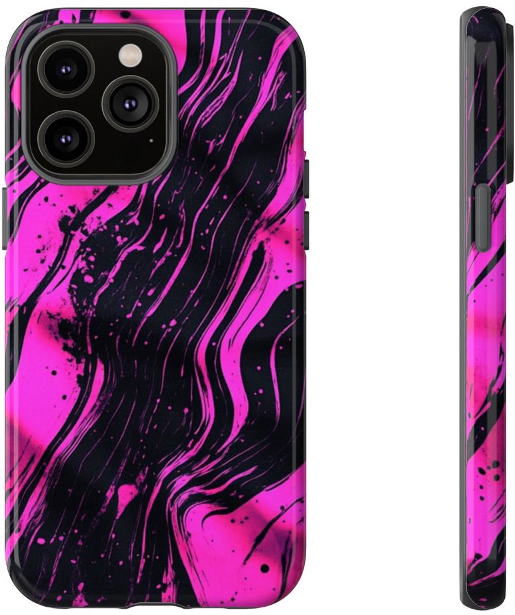 Neonroze en Zwart Abstract Patroon – Telefoonhoesje Geschikt voor iPhone 14 Pro Max