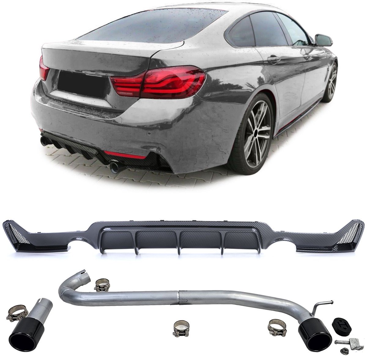 Sport Achterbumper Diffuser Carbon Look + Sport Uitlaat Zwart Sierstuk L + R Set M435 M440 Look Geschikt voor BMW 4 Serie F32 F33 F36 (425d, 428i, 430i)