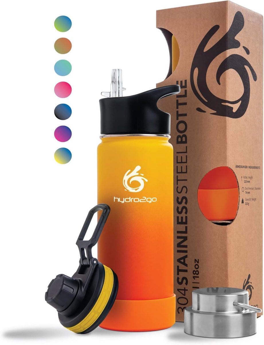 Hydro2go RVS Drinkfles 530 ml – 12u warm / 24u koud – 3 doppen – BPA-vrij – Sun