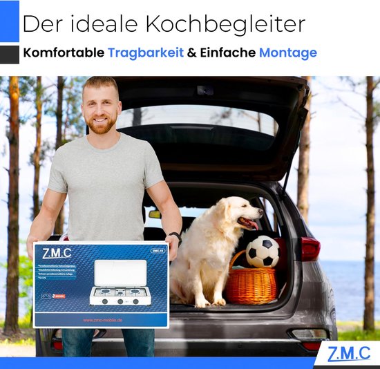 ZMC gasfornuis met 3 pitten, kampeerfornuis met slang en regelaar, voor propaangas LPG, 2x 2,2 kW + 1x 1,0 kW brander, fornuis met drie pitten voor buitenkamperen, 2-traps vlam, verbruik 393 g/u van Z.M.C — afbeelding 2