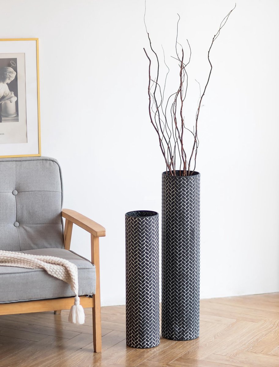 Ibenzoa® Vloervaas Set van 2 Zwart Metalen Grote Decoratieve Vazen voor Woonkamer en Slaapkamer