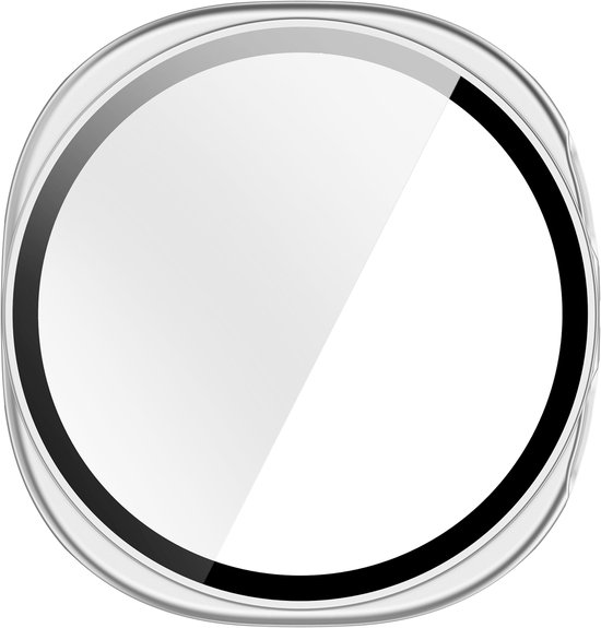 Zilveren hoesje voor smartwatch met een rond, reflecterend scherm.