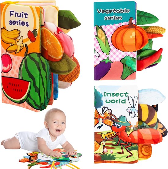 Baby Sensorische Boeken voor Baby's van 0-3 Maanden - 3-pack, zachte stoffen boeken met ritselende geluiden - Dieren, Fruit, Groenten - Hangende speeltjes, ideaal cadeau voor pasgeborenen van Merkloos — afbeelding 2