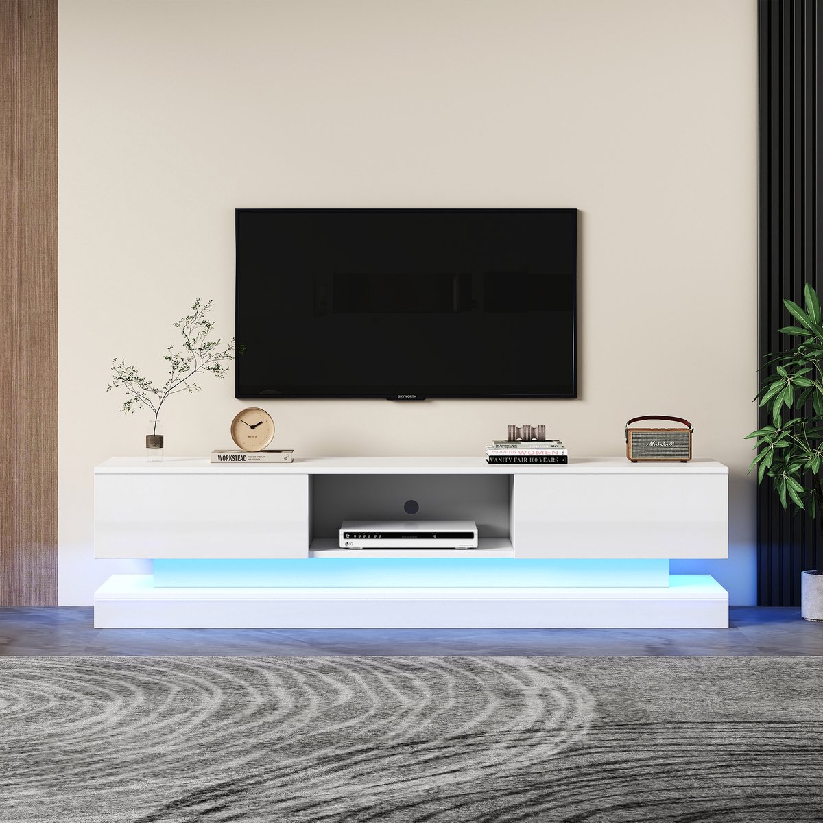 Pugsdrly 160*35*40,5 cm Witte hoogglans tv-kast met ledverlichting, 2 lades, app-bediening