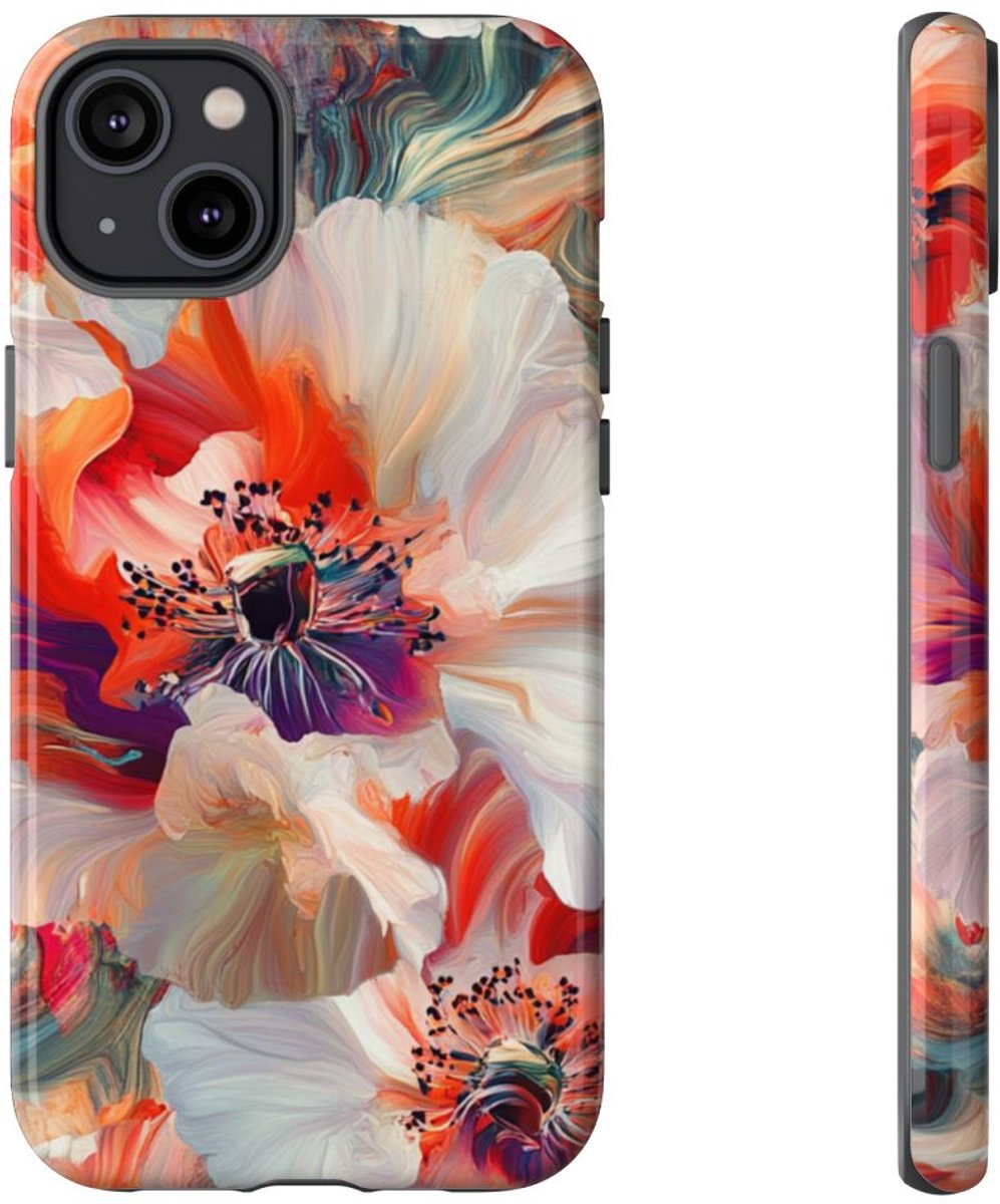 Abstracte Bloemmotieven in Rood en Wit – Telefoonhoesje Geschikt voor iPhone 14 Plus
