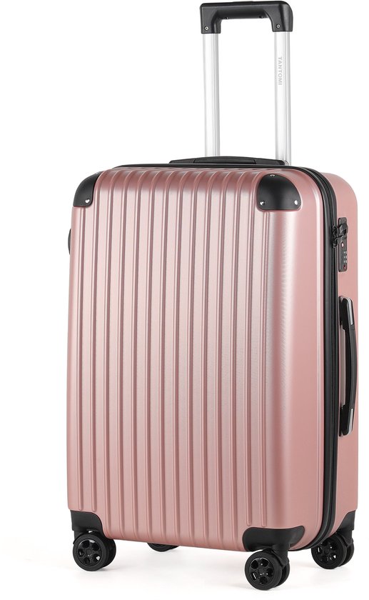 Roze koffer met uitschuifbare handgreep en vier wielen.