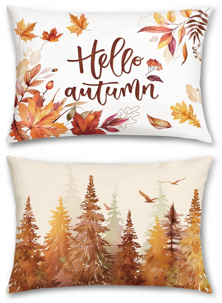 Ibenzoa Decoratieve kussenhoezen set van 2 met herfstbladeren en bomen van zacht fluweel 30 x 50 cm oranje wit