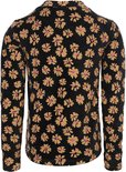 Zwart shirt met all-over print van gele bloemen met roze hartjes. Met ronde hals en lange mouwen. Achteraanzicht.