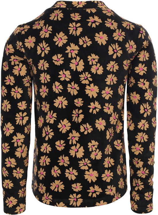 Zwart shirt met all-over print van gele bloemen met roze hartjes. Met ronde hals en lange mouwen. Achteraanzicht.