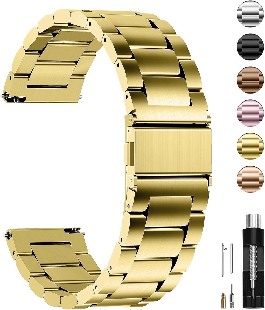 roestvrijstalen armband watch band metalen horlogebanden met snelsluiting geschikt voor dames en heren, 20mm Goud