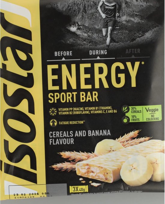Isostar energiereep met havermout en bananensmaak, met een hardloper op de verpakking.