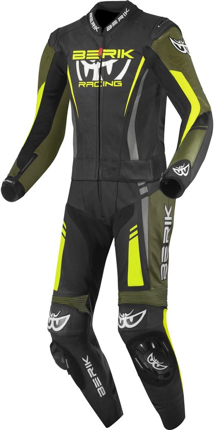 Combinaison de moto noire deux pièces avec rayures et logos vert olive et jaune fluo. Marque Berik sur les manches, les jambes et la veste.