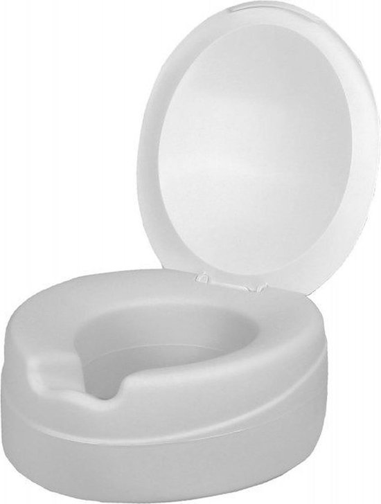 Witte toiletverhoger met deksel, deksel omhoog.