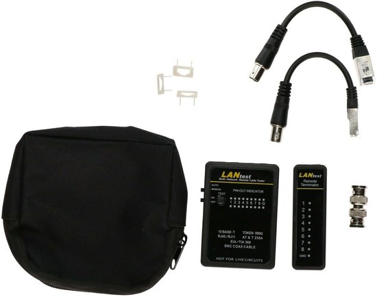 Ensemble de testeur de câble réseau Danicom avec testeur, terminateur, pochette, câbles et adaptateurs.