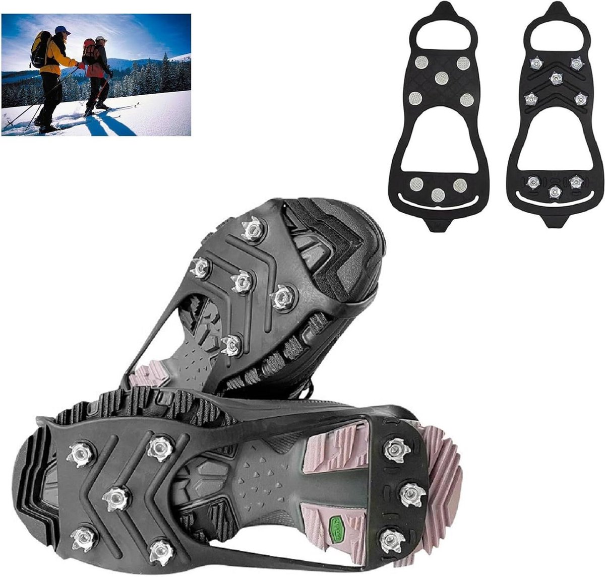 Allecto Plus - Stijgijzers voor laarzen | Lichtgewicht ijsstokken met antislip ijsnoppen | Siliconen sneeuwnoppen voor tractie | 8 tanden | Outdoor-wandelen en bergbeklimmen