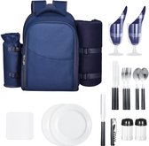 Picknickrugzak (20 L) voor 2 Personen met Geïsoleerd Koelvak, Afneembare Flessenhouder, Lichtgewicht Deken en Borden- en Bestekset - Ideaal voor Wandelen en Kamperen, Marineblauw