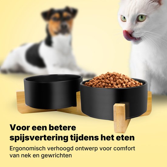 Relaxdays verhoogde voerbak kat, met kattengras bakje, 2 keramische