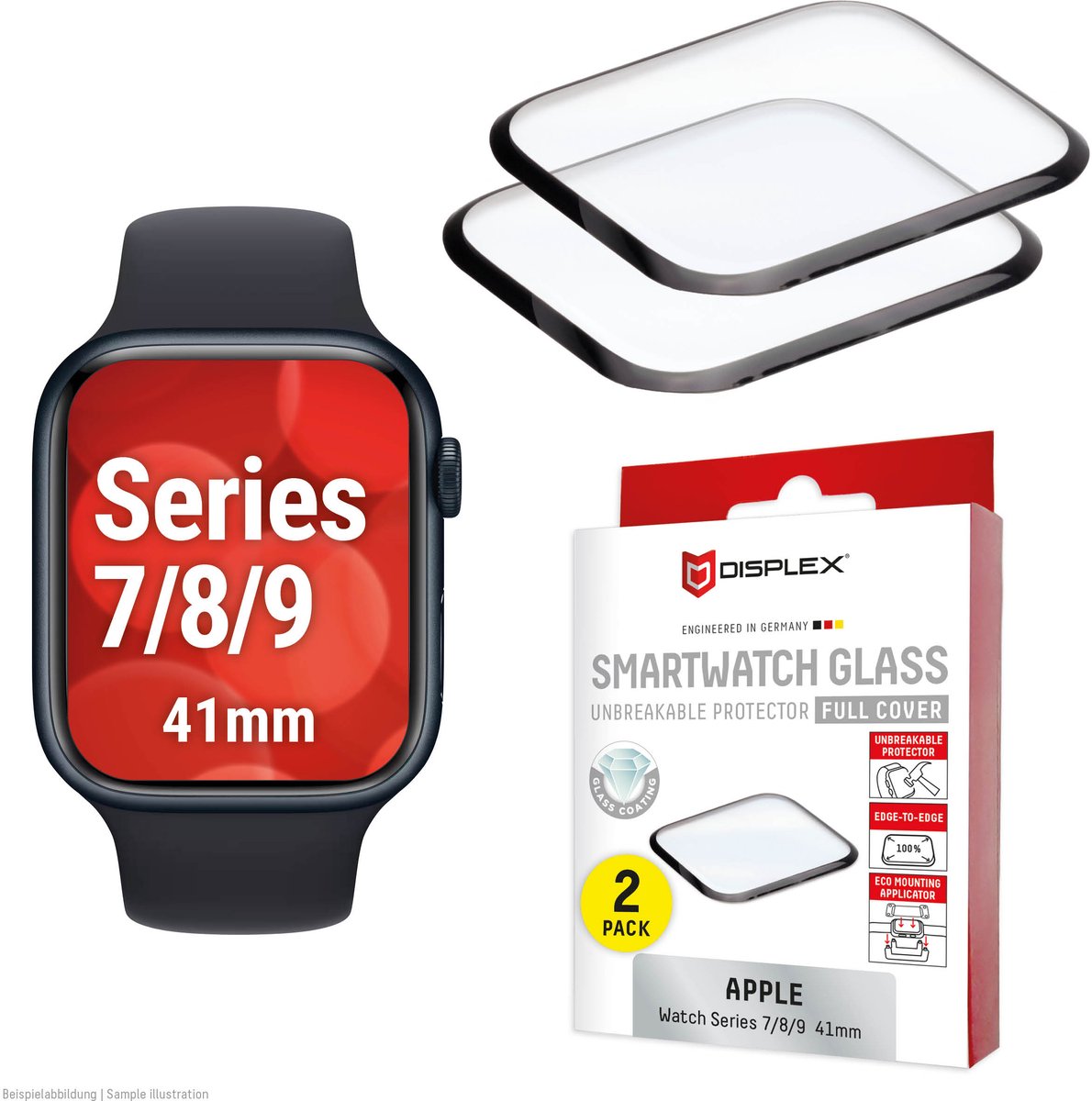 Displex Unbreakable Full Cover Smart Glass Apple Watch 9/8/7 (41mm), 2-Pack, Ultra-Thin, Edge-to-Edge, Eco Mount, Schermbeschermer, Smartwatch, Transparant, Apple, Apple Watch 9/8/7 (41mm, Gehard glas