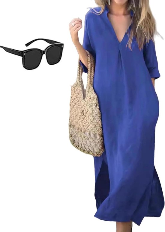 Allecto Plus - Robe Elegant à Séparation en V fendue 2025 Nouvelles Robes mi-longues Comfort en Katoen et lin doux et respirant pour femmes