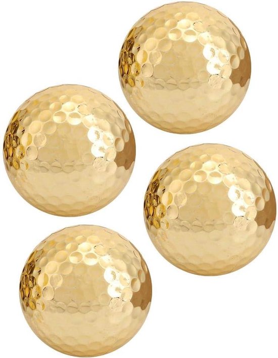 Vier glimmende gouden golfballen met dimplepatroon.
