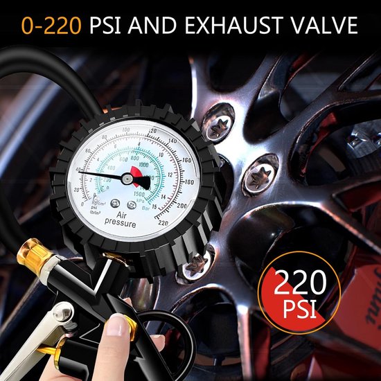Manomètre Numérique Pour Pneus - Gonfleur Et Dégonfleur - 220 PSI - Flexible Long - Pour Voiture, Moto, Vélo