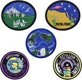 Allecto Plus - Set van 5 ronde strijkapplicaties voor gepersonaliseerde borduurstoffen en naaidozen - Creatieve patches met modieuze badgeplaten - Decoratieve verpakkingen