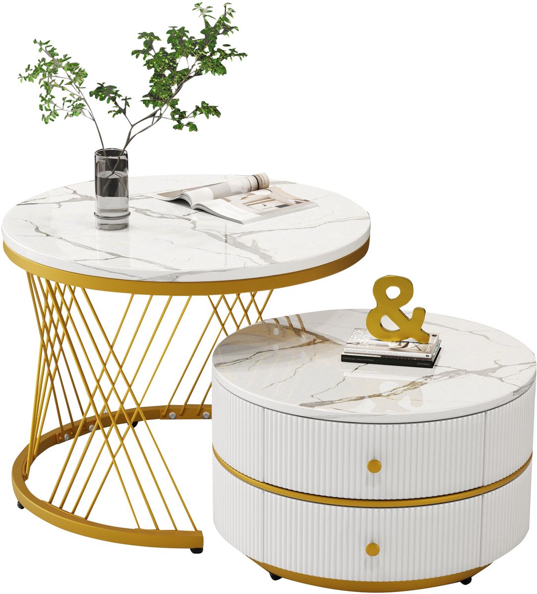 Merax Salontafel Set van 2 – Rond Nesting Bijzettafels in Hoogglans Marmerlook met 2 Lades – Wit en Goud