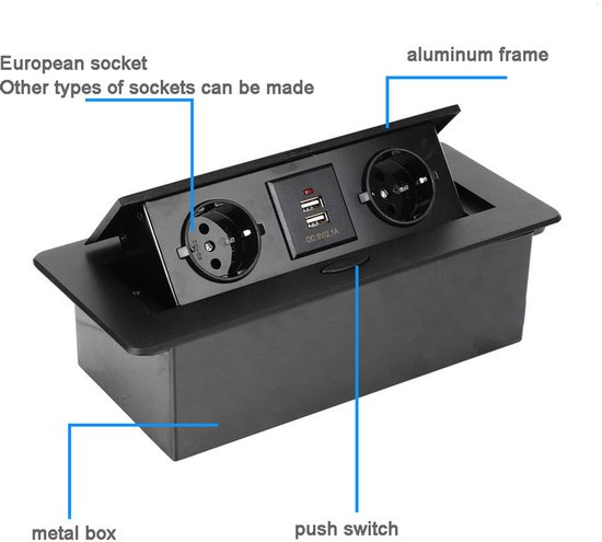 Zwarte bureaubladconnector met aluminium frame, twee Europese stopcontacten, twee USB-poorten en een drukknop.