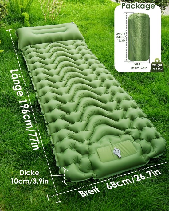 Kampeer slaapmat - Opblaasbare kampeermat met voetpomp en kussen - Compacte slaapmat - Geschikt voor backpacken - Kamperen - Reizen - Waterdicht - Duurzaam waterdicht lichtgewicht kampeer luchtbed - met kussen (196*66*8cm) van Merkloos — afbeelding 2