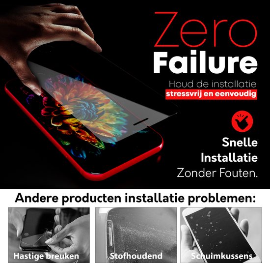 Film protectrice appliquée sur un smartphone rouge. "Zéro Échec" avec "Installation Rapide Sans Erreur". Comparaison avec d'autres problèmes d'installation.
