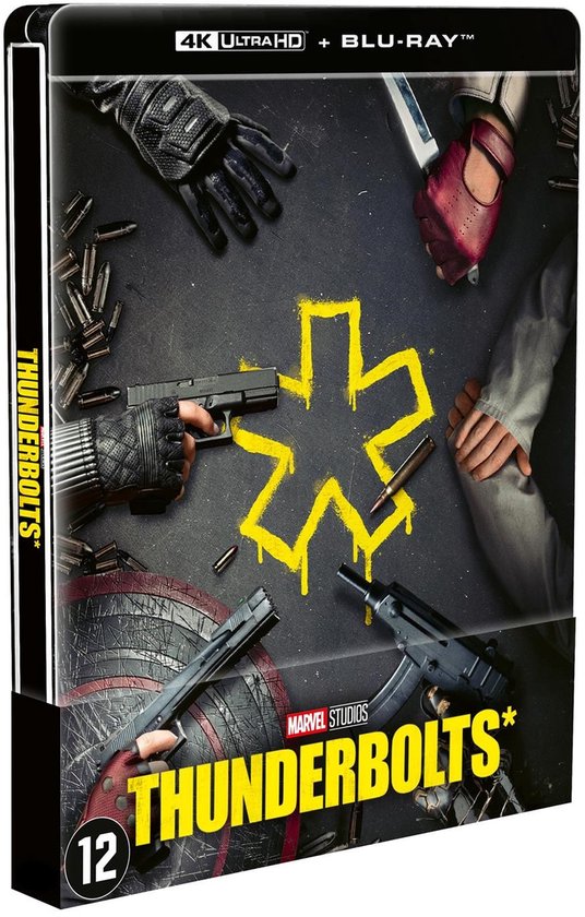 4K Ultra HD Blu-ray Steelbook van Thunderbolts* met handschoenen, pistolen, kogels en het Marvel Studios logo.