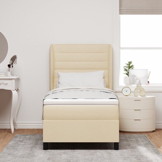 vidaXL - Boxspring - bed - met - matras - met - hoofdeinde - Crème - 90 - x - 190 - cm - Stof