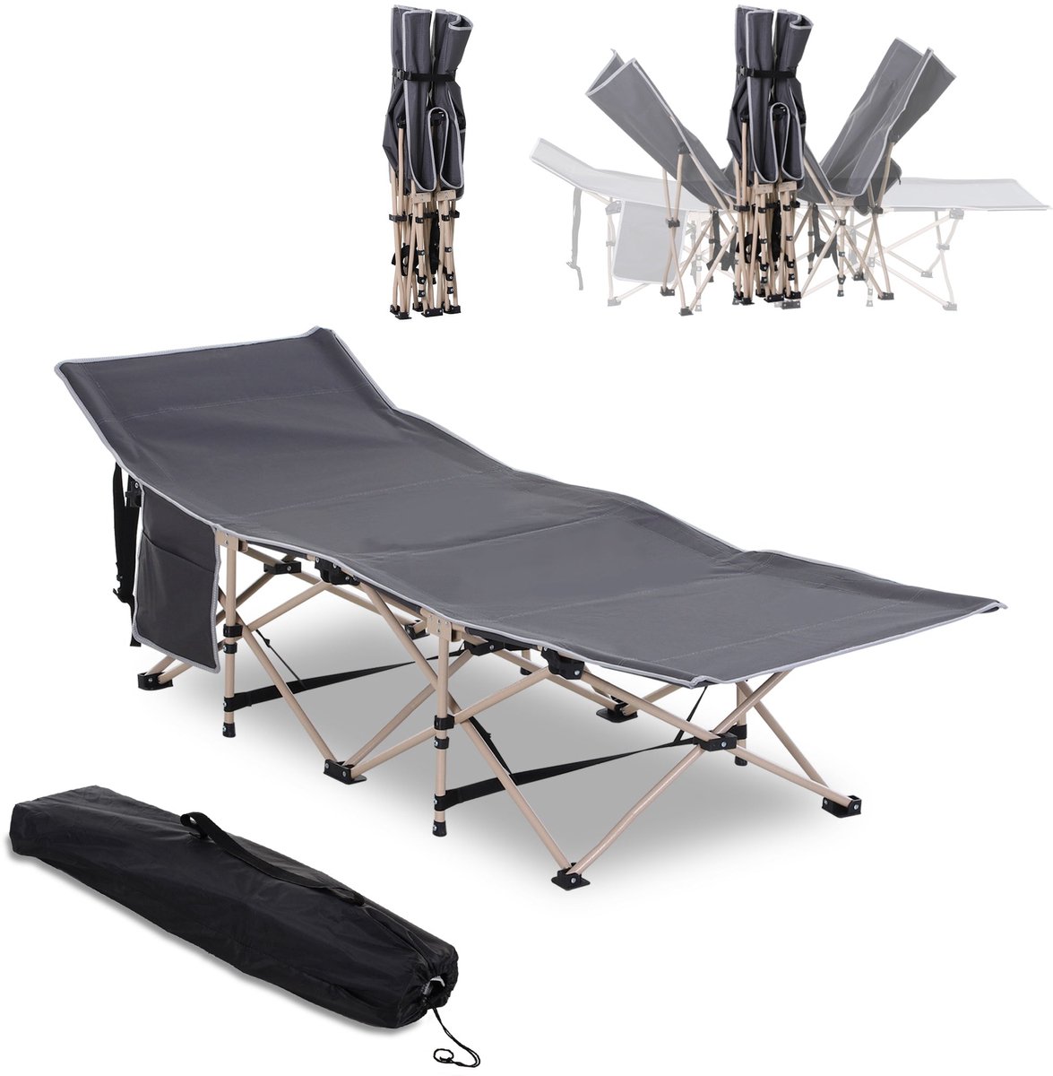 Merax Veldbed Met Draagtas – Opvouwbaar Campingbed – Grijs – 190x68x52 cm – Inklapbare Campingligstoel – Staal En Oxford