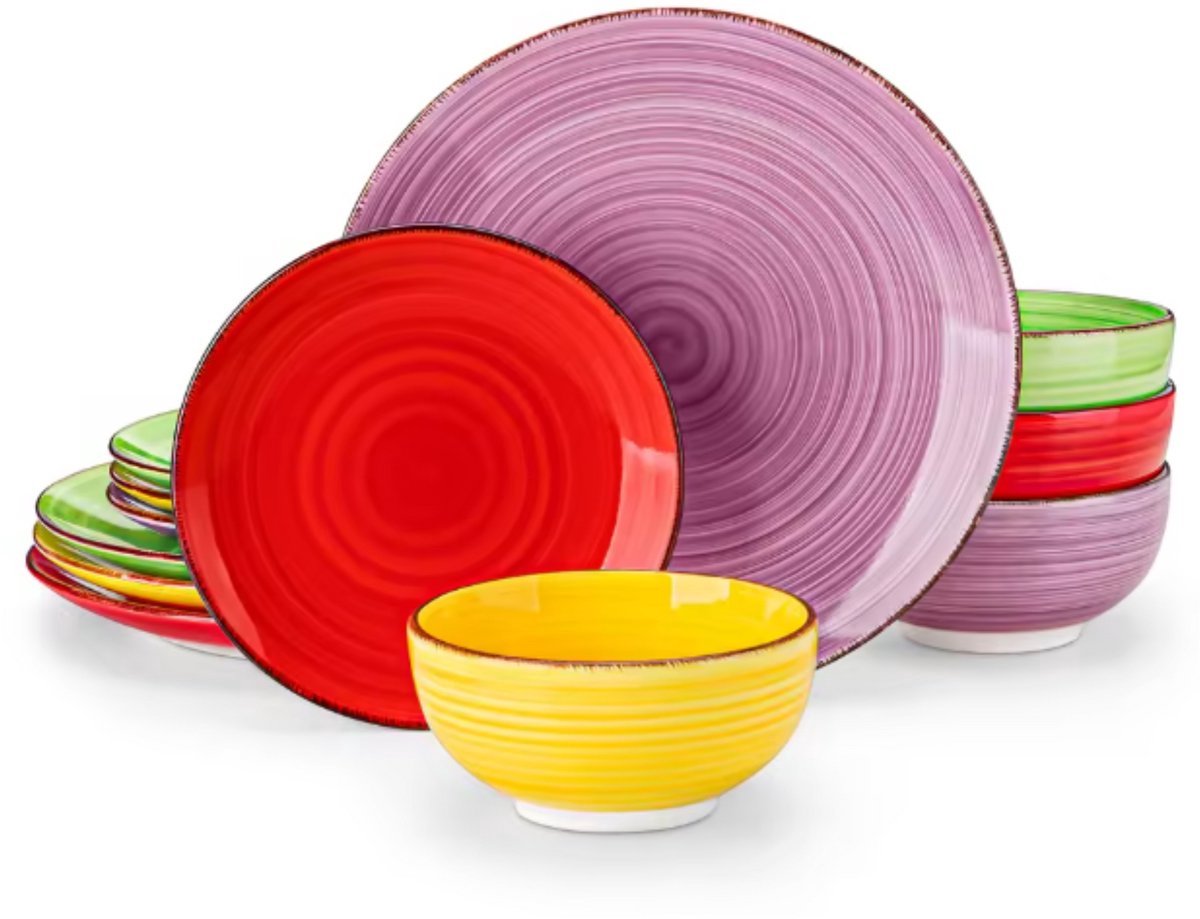 Averna Serviesset - 12 delig - 4 persoons - Kleurrijk - Dinerborden - Bordenset - Diepe borden - Ontbijtborden - Servies - Keukenservies