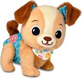 Een zachte, bruine puppy met een lichtblauwe broek met een hartje en "123" erop.