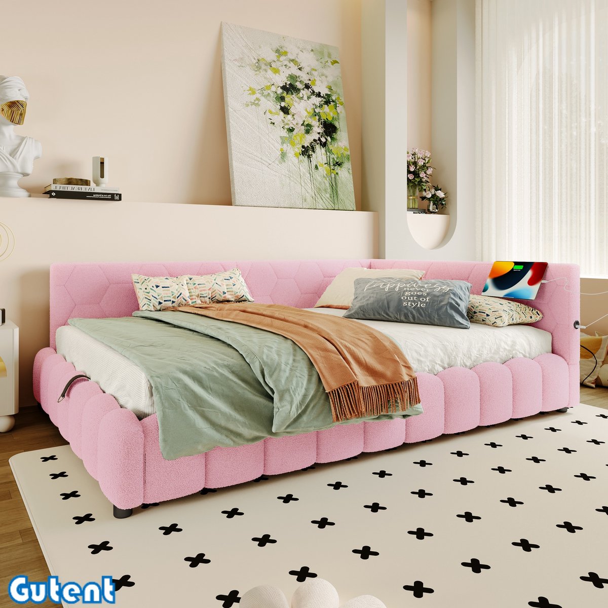 Gutent Slaapbank - 140*200 cm - met lattenbodem (Zonder matras) - met LED-lichtlijst - met hydraulisch hefmechanisme - USB-interface - Type-C - wollig - Roze