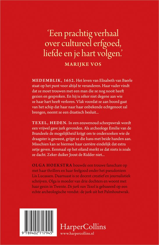 Boekomslag met rode achtergrond. Tekst bevat een recensie en informatie over Olga Hoekstra. Een barcode is zichtbaar.