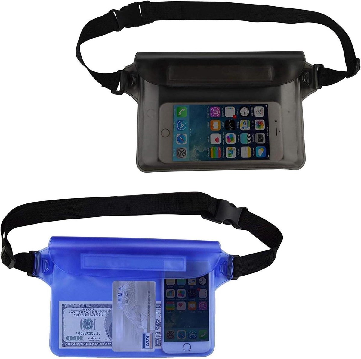 Inovra Plus - Waterdichte Taille Tas voor Buitensport - Verstelbare Smartphone Tas - Drie-laags Waterdichte Tas voor Strand en Zwembad (Blauw en Zwart) - Blauw en Zwart Droge Tas - Ideaal voor sportactiviteiten.