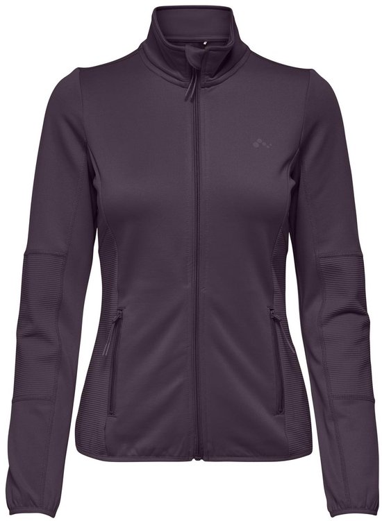 Paarse sportjas met rits, logodetail op borst, geribbelde mouwen en zakken.