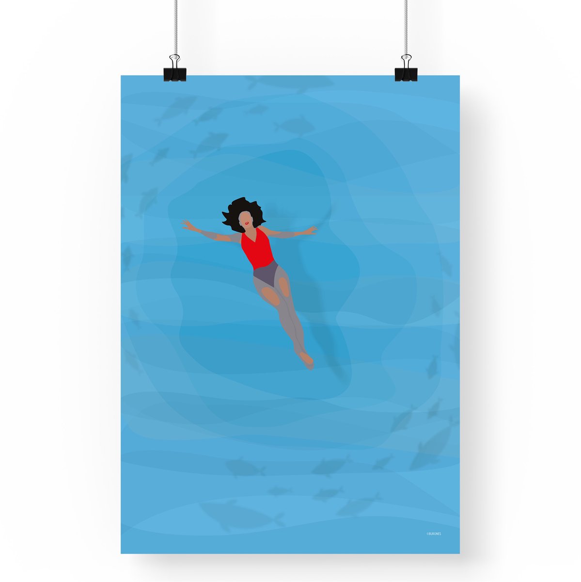Artprint Loslaten - Zwemmer illustratie in A4 formaat - Poster met meisje drijvend op het water