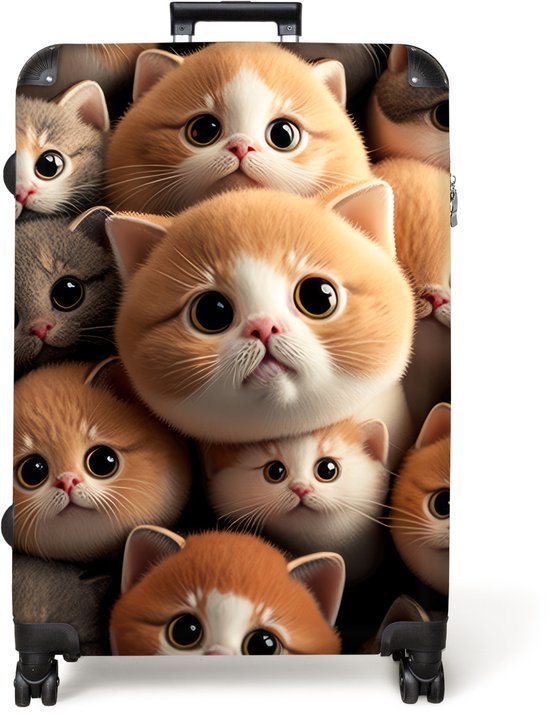 Zwarte koffer met een vrolijke print van veel schattige kittens.