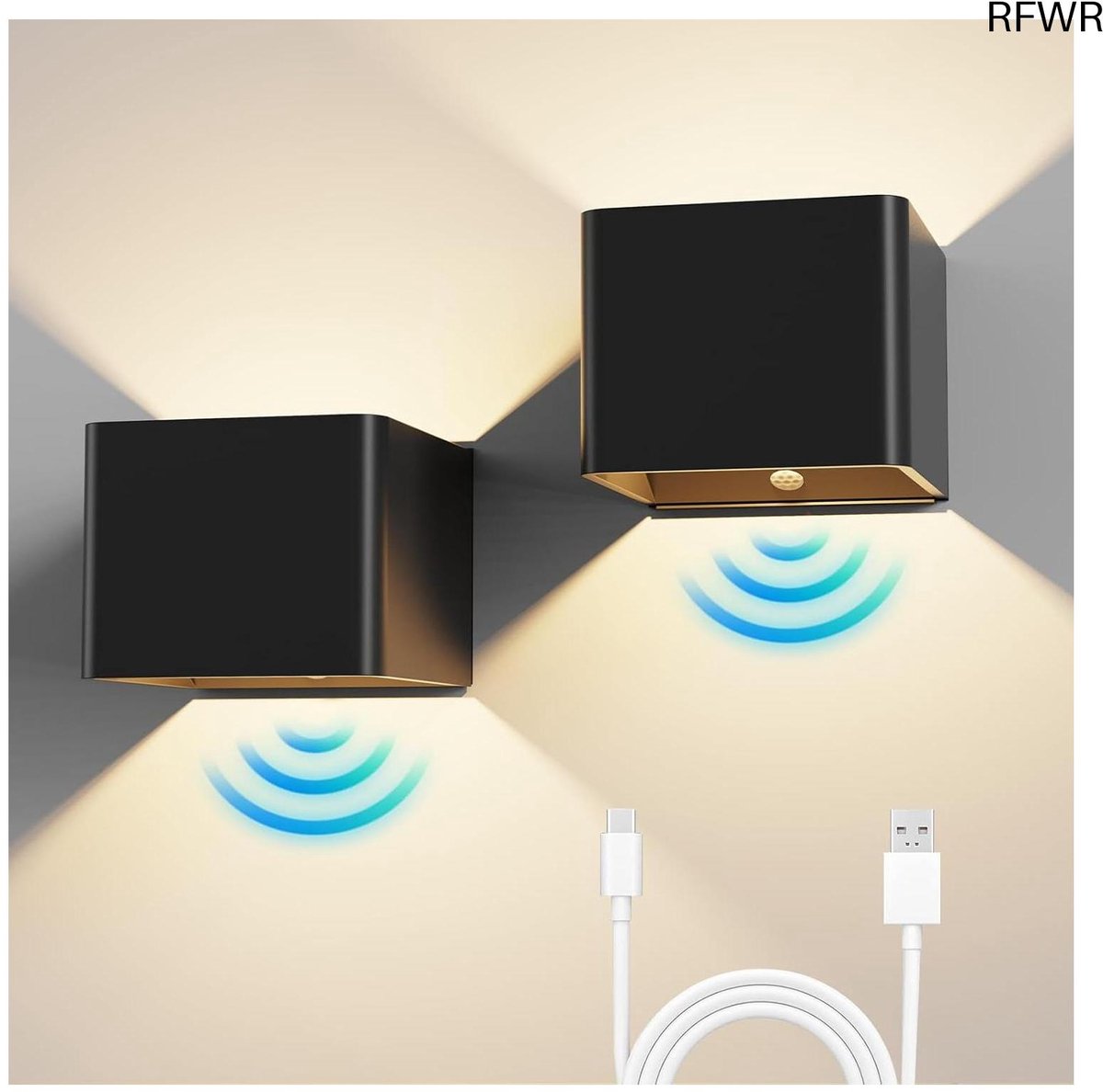 RFWR® Draadloze LED Wandlamp met Bewegingsmelder en Oplaadbare USB Batterij - Set van 2