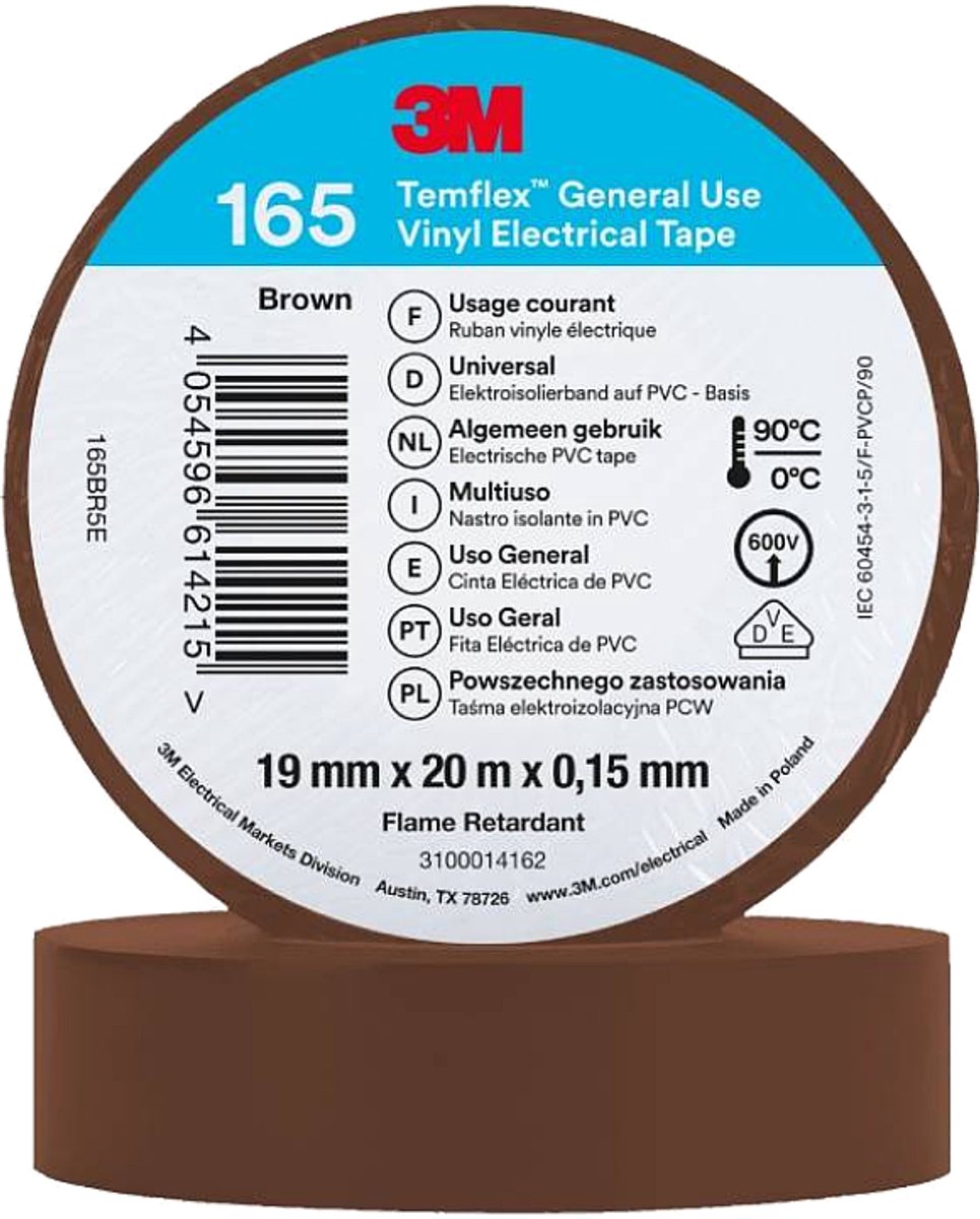 3M Isolatie Tape - 19mm breed - 0,152mm dik - 20 meter - Bruin
