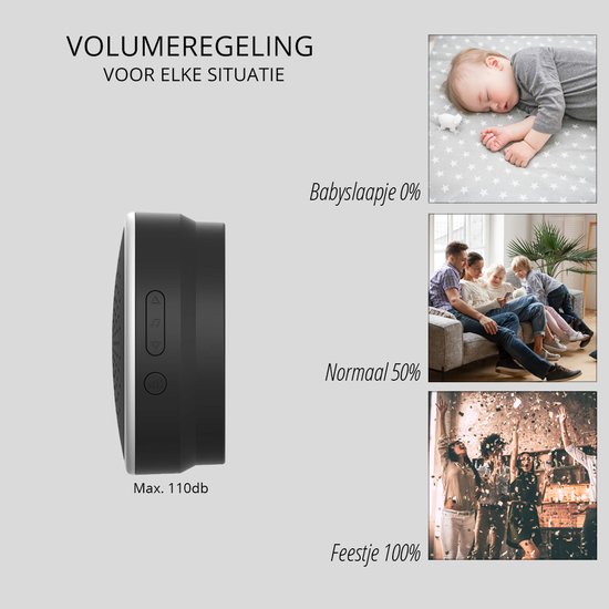 Zijzicht van deurbelontvanger met volumeknoppen. Afbeeldingen tonen volumeregelaars voor babyslaap, normaal en feest.