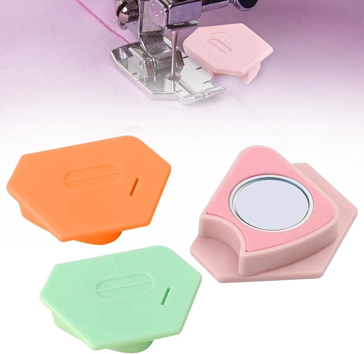 3 stuks - 6,7*4*1 cm - magnetische naadgeleider voor naaimachine - multifunctionele veelhoekige zoomgeleider - met schaal - universeel naaiaccessoire voor magneetmachine - naaigereedschap - naaimachine accessoires - oranje, roze, groen