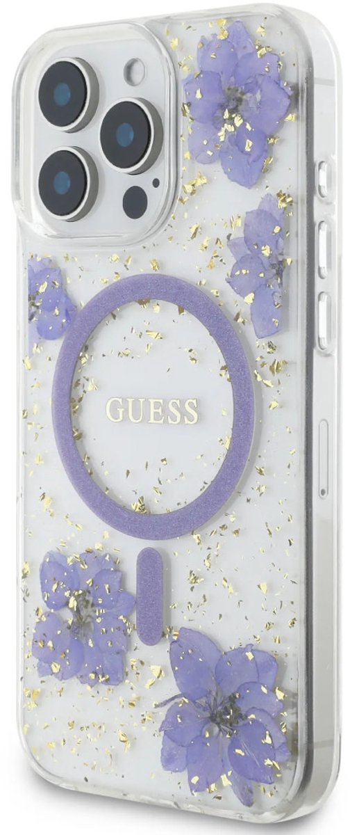 Guess - Backcover iPhone 16 Pro - Magsafe - Resin Flowers Design - Paars