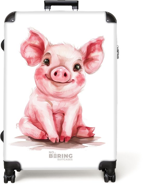 Witte koffer met een aquarel van een schattig, zittend roze babyvarken met grote oren.