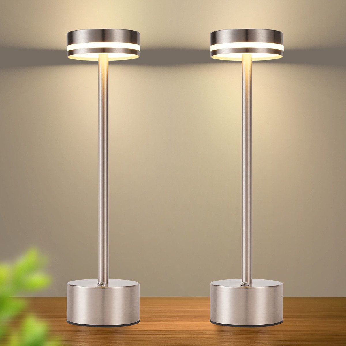 NETTLIFE Tafellamp LED - Accu - 2 Stuks - zilver - Draadloos Nachtlamp - Touch Dimbaar - 31.5cm - USB Oplaadbare - voor Slaapkamer | Eetkamer | Kantoor | Woonkamer