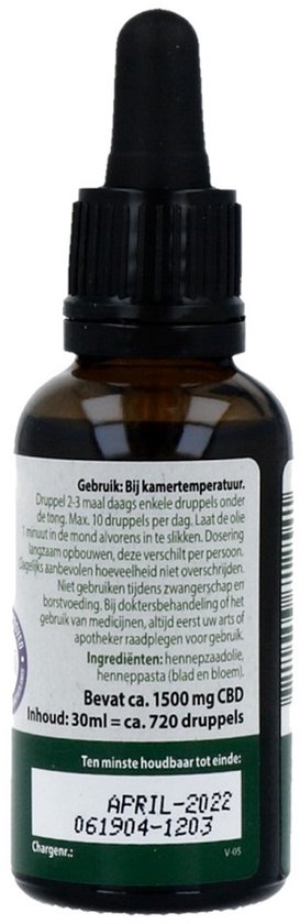 Bruine druppelfles met zwart dopje, achterkant met gebruiksaanwijzing, ingrediënten en houdbaarheidsdatum "APRIL-2022".